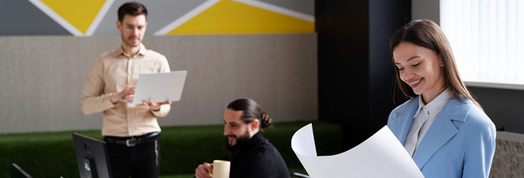 The image depicts a workplace setting with three individuals. In the background, one person is holding a laptop, while another is seated, holding a cup. In the foreground, a woman is smiling and looking at a white chart.